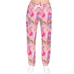 Pink Glowing Flowers Women Velvet Drawstring Pants