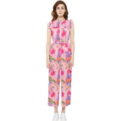 Pink Glowing Flowers Women s Frill Top Chiffon Jumpsuit by Sparkle