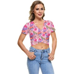 Pink Glowing Flowers Short Sleeve Foldover T-shirt by Sparkle