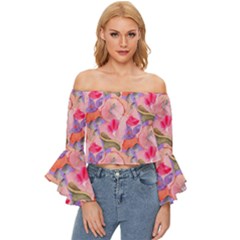 Pink Glowing Flowers Off Shoulder Flutter Bell Sleeve Top