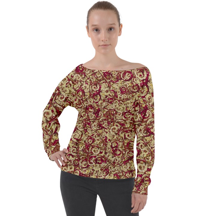 Apple Leftovers Collage Random Pattern Off Shoulder Long Sleeve Velour Top