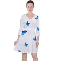 Butterfly-blue-phengaris Quarter Sleeve Ruffle Waist Dress