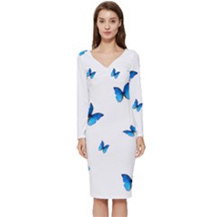 Butterfly-blue-phengaris Long Sleeve V-neck Bodycon Dress  by saad11