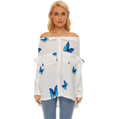 Butterfly-blue-phengaris Off Shoulder Chiffon Pocket Shirt