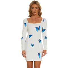 Butterfly-blue-phengaris Long Sleeve Square Neck Bodycon Velvet Dress