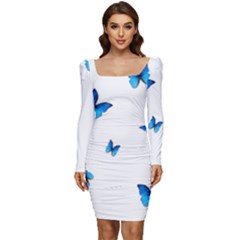 Butterfly-blue-phengaris Women Long Sleeve Ruched Stretch Jersey Dress by saad11