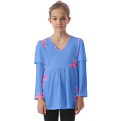 Flowers Space Frame Ornament Kids  V Neck Casual Top