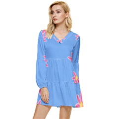 Flowers Space Frame Ornament Tiered Long Sleeve Mini Dress