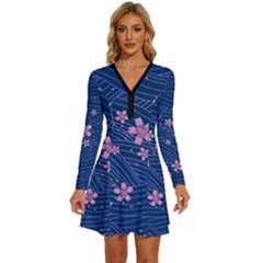 Flowers Floral Background Long Sleeve Deep V Mini Dress 