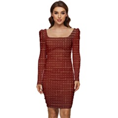 Grid Background Pattern Wallpaper Women Long Sleeve Ruched Stretch Jersey Dress by Maspions