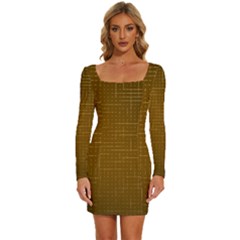 Anstract Gold Golden Grid Background Pattern Wallpaper Long Sleeve Square Neck Bodycon Velvet Dress by Maspions