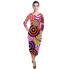 Abstract Circles Background Retro Quarter Sleeve Midi Velour Bodycon Dress