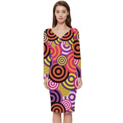 Abstract Circles Background Retro Long Sleeve V-neck Bodycon Dress  by Ravend