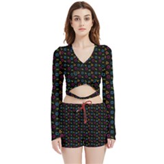 Background Ornamental Pattern Velvet Wrap Crop Top And Shorts Set