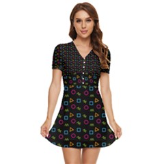 Background Ornamental Pattern V-neck High Waist Chiffon Mini Dress