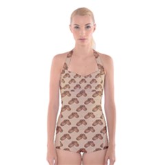 Coffee Beans Pattern Texture Boyleg Halter Swimsuit 