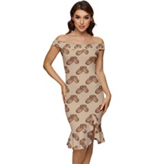 Coffee Beans Pattern Texture Off Shoulder Ruffle Split Hem Bodycon Dress