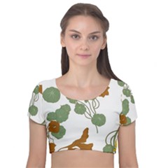 Nasturtium Flower Plant Leaves Velvet Short Sleeve Crop Top 