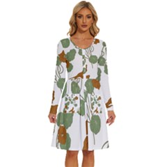 Nasturtium Flower Plant Leaves Long Sleeve Dress With Pocket