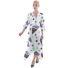 Seamless Pattern Geometric Texture Quarter Sleeve Wrap Front Maxi Dress