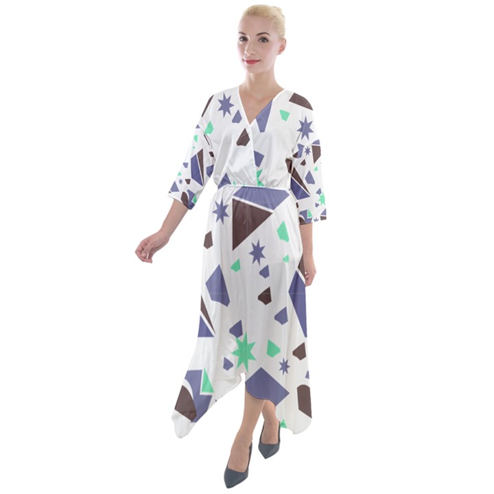 Seamless Pattern Geometric Texture Quarter Sleeve Wrap Front Maxi Dress