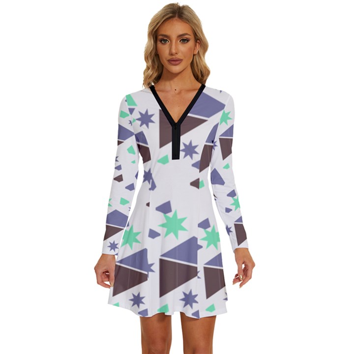 Seamless Pattern Geometric Texture Long Sleeve Deep V Mini Dress 