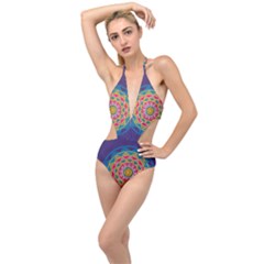 Abstract Digital Artwork Plunging Cut Out Swimsuit