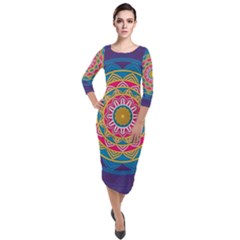 Abstract Digital Artwork Quarter Sleeve Midi Velour Bodycon Dress