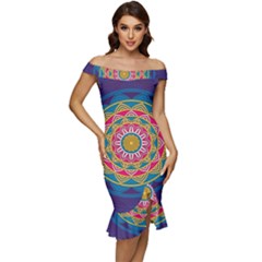 Abstract Digital Artwork Off Shoulder Ruffle Split Hem Bodycon Dress