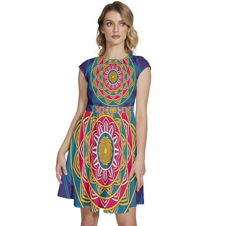 Abstract Digital Artwork Cap Sleeve High Waist Dress