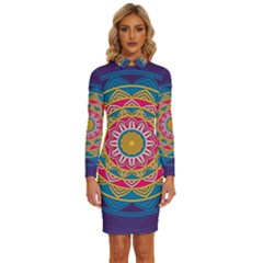 Abstract Digital Artwork Long Sleeve Shirt Collar Bodycon Dress