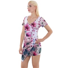 Flora Floral Flower Petal Short Sleeve Asymmetric Mini Dress