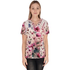 Flora Floral Flower Petal Women s V-neck Scrub Top