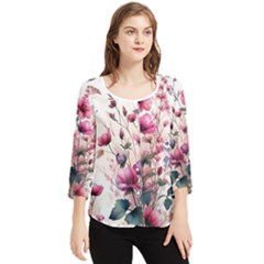 Flora Floral Flower Petal Chiffon Quarter Sleeve Blouse