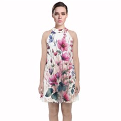 Flora Floral Flower Petal Velvet Halter Neckline Dress 