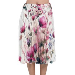 Flora Floral Flower Petal Velvet Flared Midi Skirt by Maspions