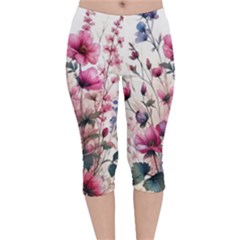 Flora Floral Flower Petal Velvet Capri Leggings 