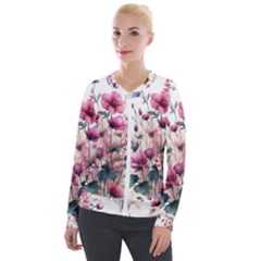 Flora Floral Flower Petal Velvet Zip Up Jacket