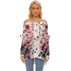 Flora Floral Flower Petal Off Shoulder Chiffon Pocket Shirt