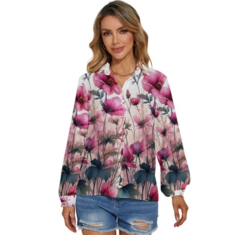 Flora Floral Flower Petal Women s Long Sleeve Button Up Shirt by Maspions