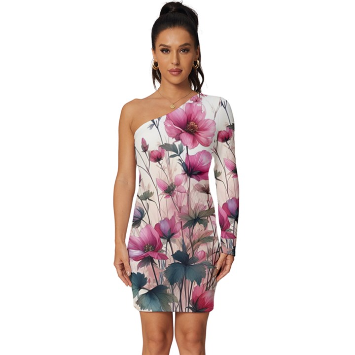 Flora Floral Flower Petal Long Sleeve One Shoulder Mini Dress