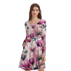 Flora Floral Flower Petal Long Sleeve Knee Length Skater Dress With Pockets