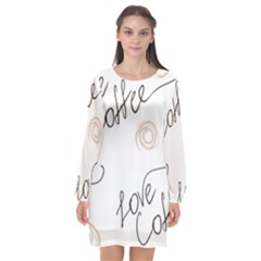 Seamless Pattern Coffee Text Long Sleeve Chiffon Shift Dress 