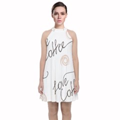 Seamless Pattern Coffee Text Velvet Halter Neckline Dress 