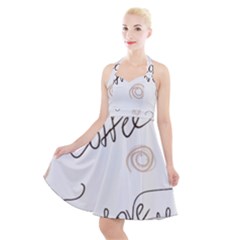 Seamless Pattern Coffee Text Halter Party Swing Dress 