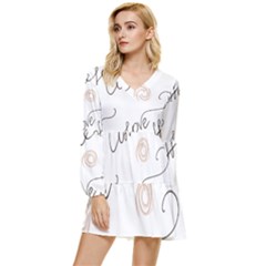 Seamless Pattern Coffee Text Tiered Long Sleeve Mini Dress