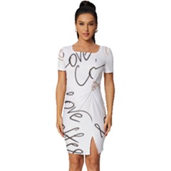 Seamless Pattern Coffee Text Fitted Knot Split End Bodycon Dress