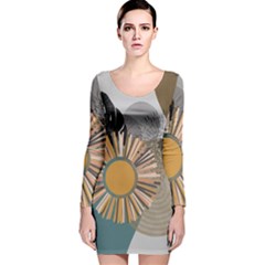 Boho Leaves Botanical Retro Vintage Long Sleeve Velvet Bodycon Dress