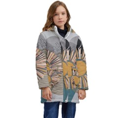 Boho Leaves Botanical Retro Vintage Kids  Hooded Longline Puffer Jacket