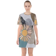 Boho Leaves Botanical Retro Vintage Sixties Short Sleeve Mini Dress